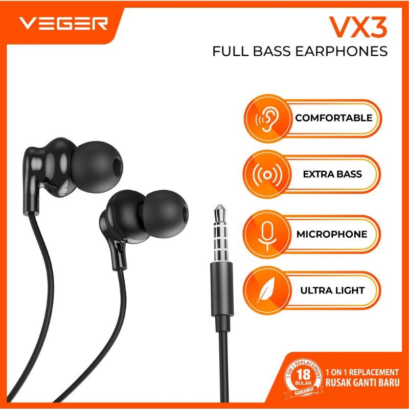 Headset VEGER VX-3 / headset handsfree earphone VEGER VX-3 extra bass with MIC ORIGINAL GARANSI