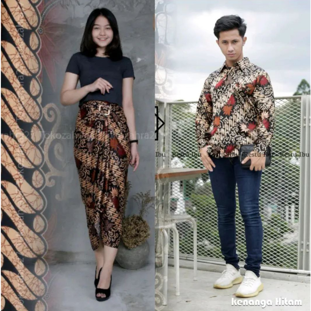 Couple Rok Lilit Dan Kemeja Batik Bahan Premium Tebal Motif Kenanga Maroon