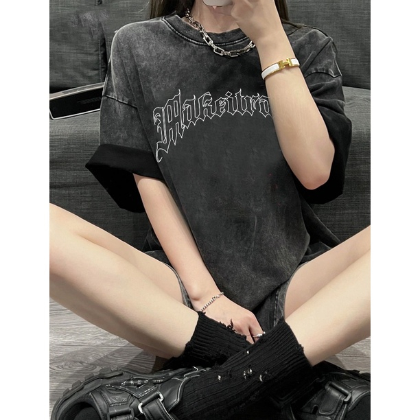 Korean StyleVintage T-shirt Hitam Washed Oversize Kaos Lengan Pendek Baju Wanita/atasan abu