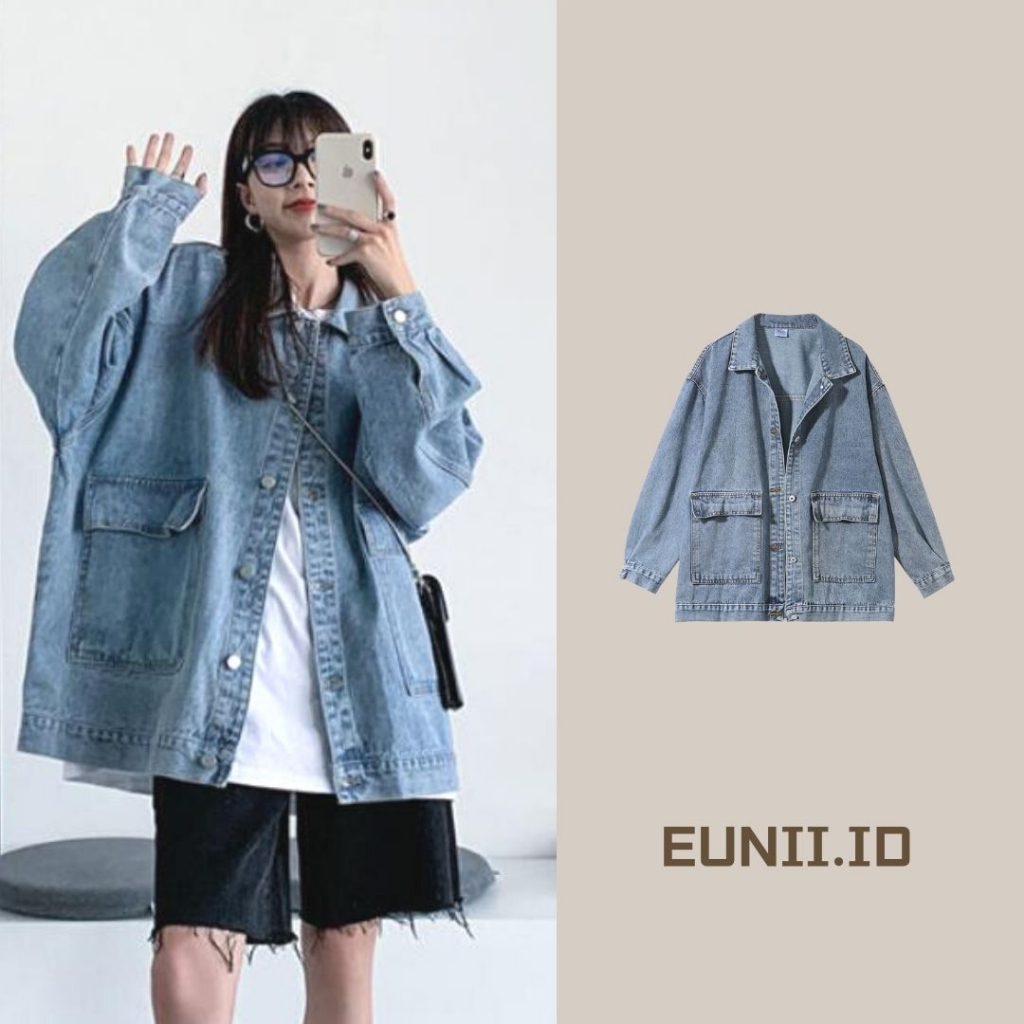 Korean Style Jaket Denim Wanita Lengan Panjang Jacket Denim Coat Oversize