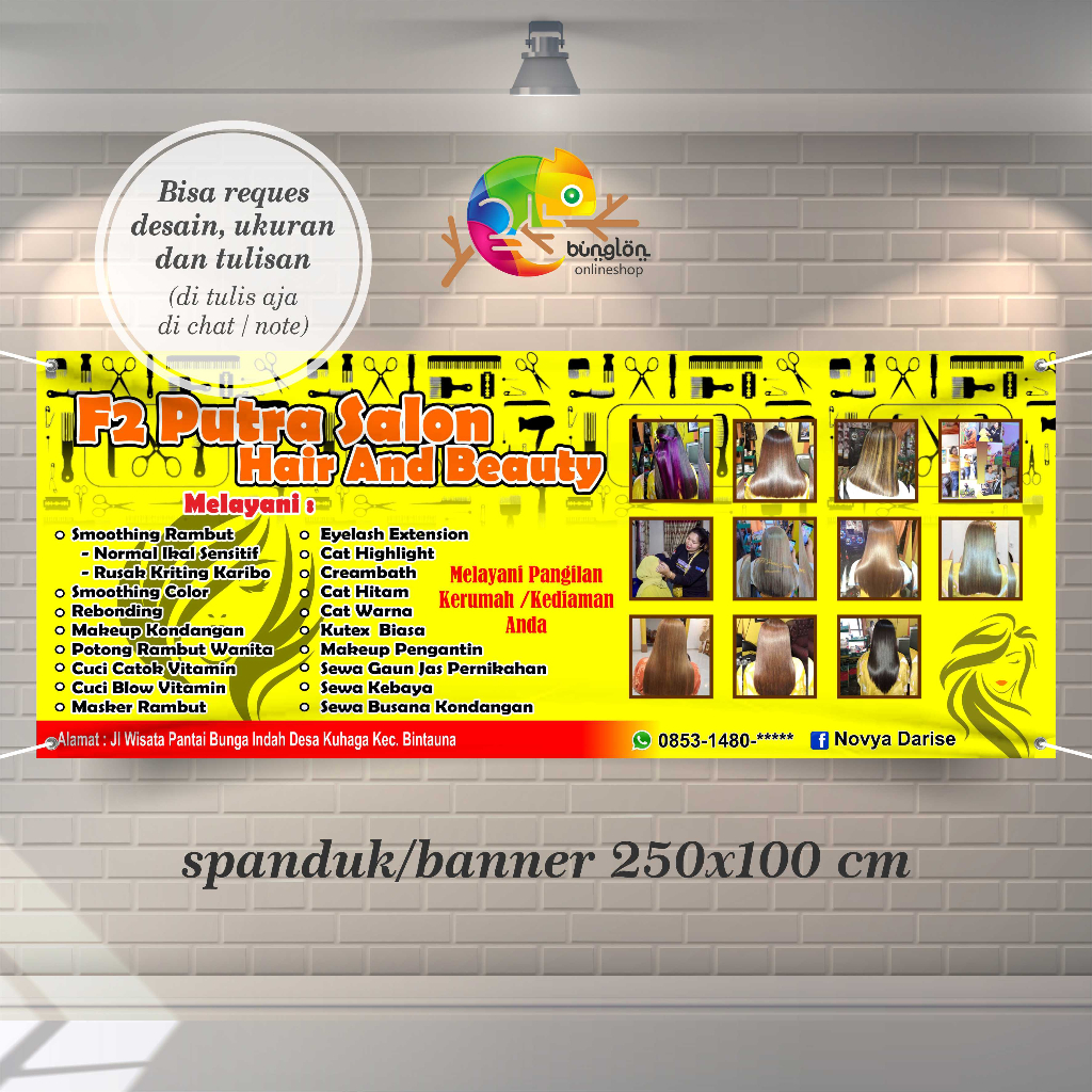 Spanduk, Banner 250x100 Cm Spanduk Salon Kuning, Spanduk Salon Eyelah, Hair Beauty, Spanduk Custom