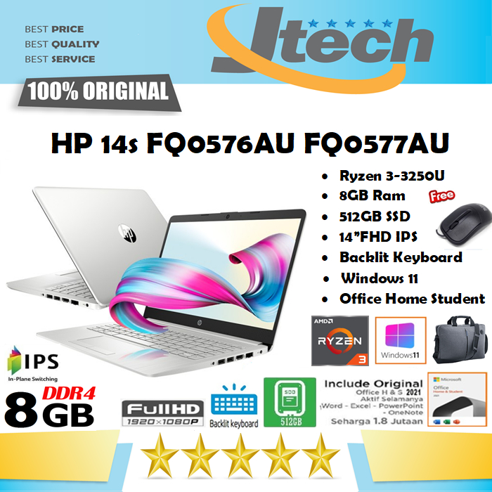 HP 14s FQ0576AU FQ0577AU FQ0593AU - RYZEN 3-3250U - 8GB - 512GB SSD - BACKLIT - 14&quot;FHD IPS - WIN11 - OFFICE HOME STUDENT