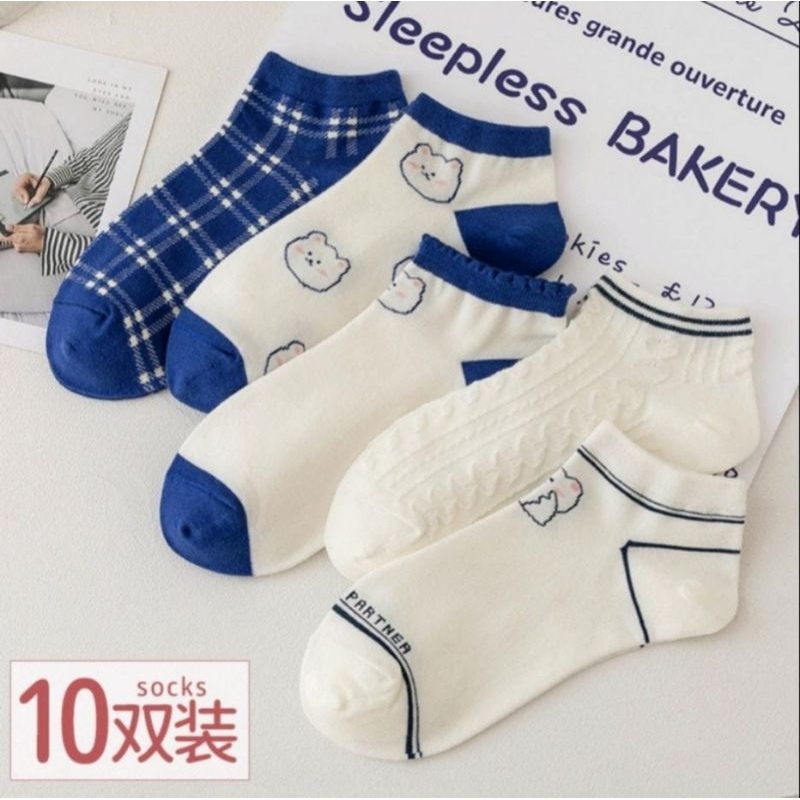 Kaos Kaki Wanita Motif Biru Kotak Fashion Korea Women Sock Import