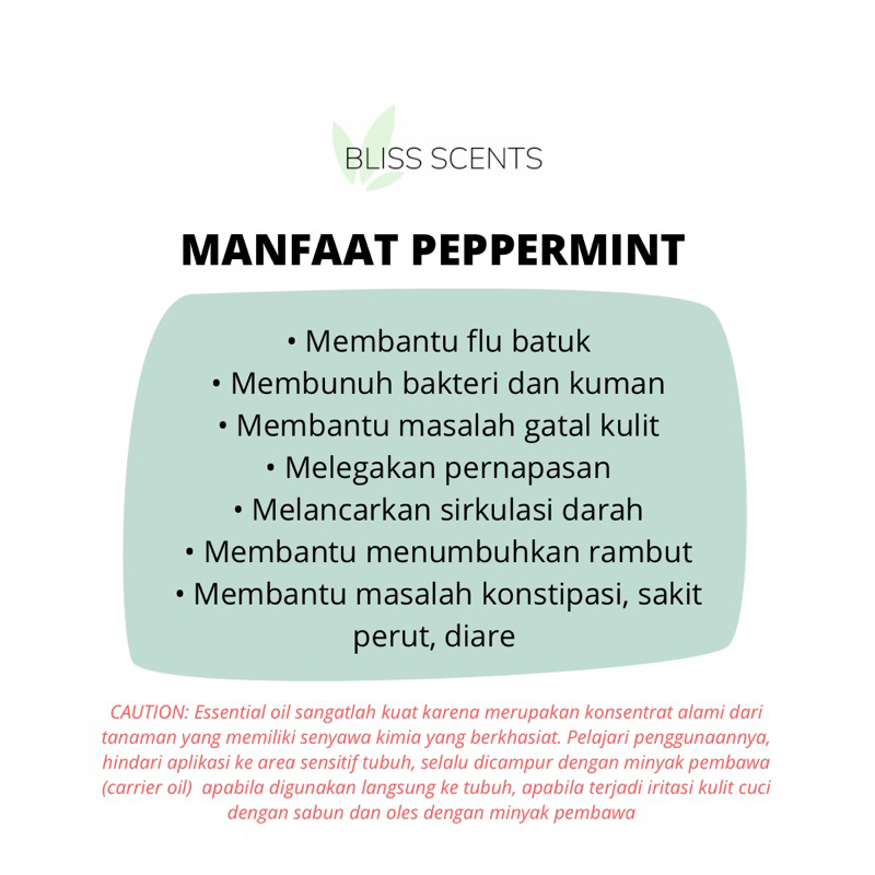 BLISS SCENTS Peppermint 100ml Essential Oil Aromatherapy 100% Murni Therapeutic Grade Aromaterapi