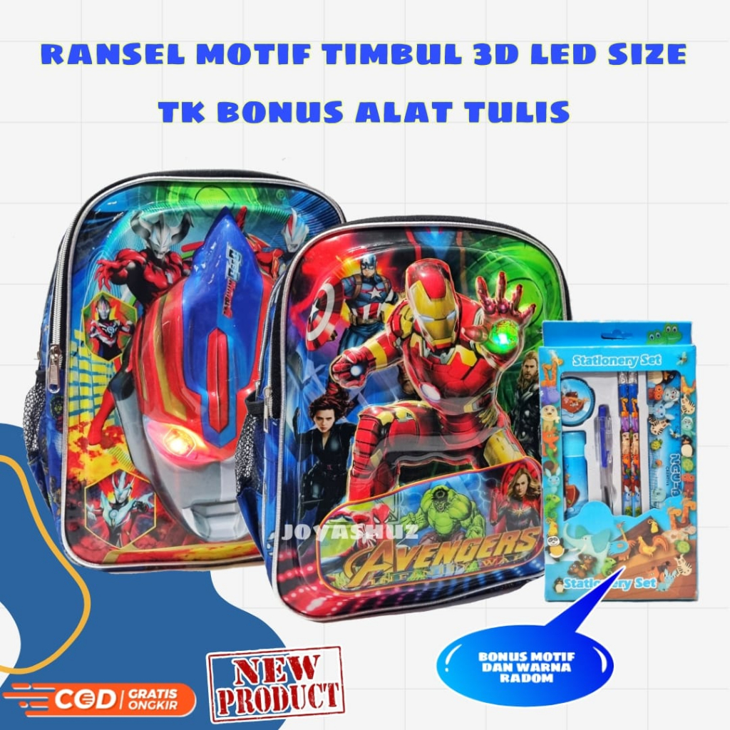 Tas Anak Sekolah Laki-Laki - Ransel Anak 3D LED - Tas Karakter Avangers - Ultraman - Tas Timbul Berbonus - Tas Banyak Bonus