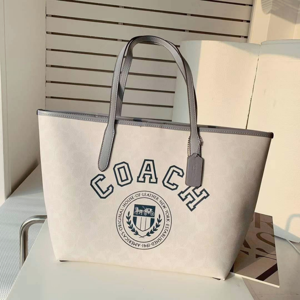 Coach City Tote In Signature Canvas With Varsity Motif CB869