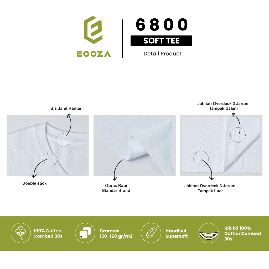 Kaos Polos ECOZA 6800 Combed 30s Soft Tee - WHITE / PUTIH - 2XL 3XL 4XL 5XL JUMBO BIG SIZE