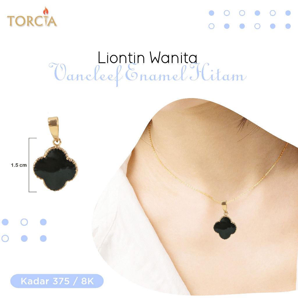 Liontin Emas Asli Vancleef Enamel Hitam Kadar 375 Torcia