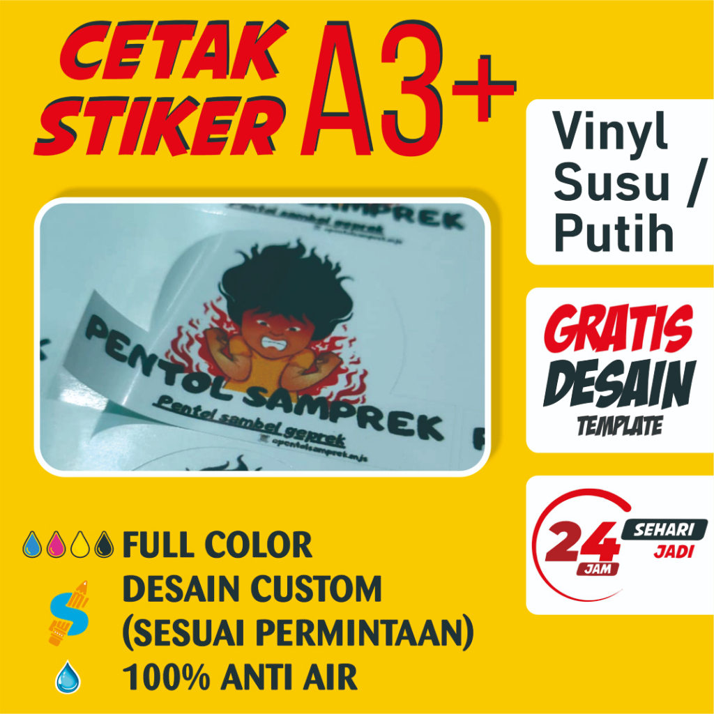 

CETAK STIKER ANTI AIR VINYL PUTIH/SUSU A3+ LABEL FROZEN FOOD, BOTOL, CUP, TOPLES