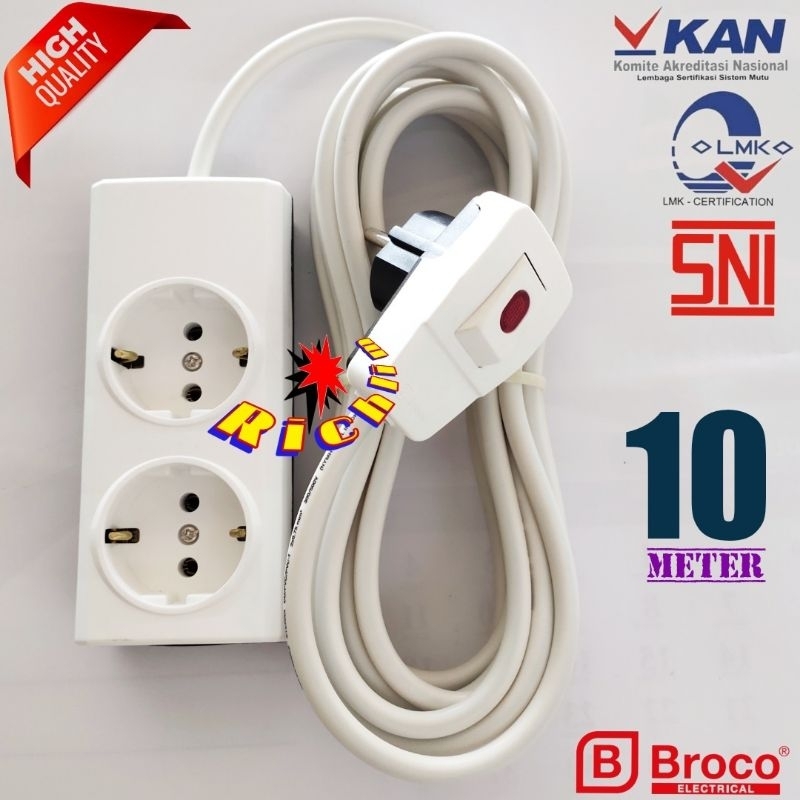 Stop Kontak Broco 2 Lubang+Steker Lampu Broco+Kabel Eterna 2x0,75 Serabut 10 Meter/Rakitan