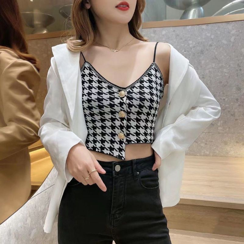 Tank Top Wanita Crop Top Square Knit Korean