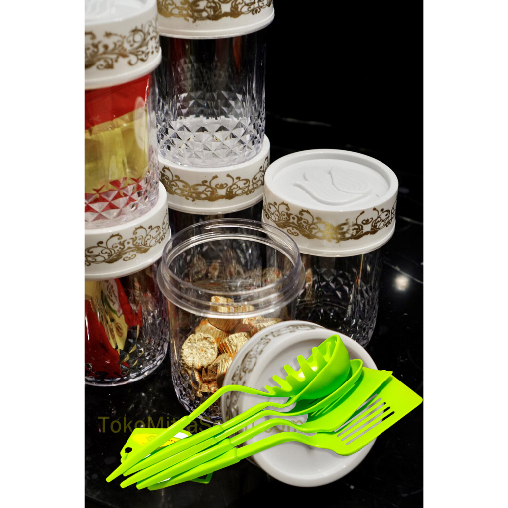 Toples Kue Acrylic Pirex Lilia 900ml Gratis Spatula 1 Set 5pcs / toples tempat kue nastar permen keripik singkong basreng kacang goreng emping mede dengan tutup putar