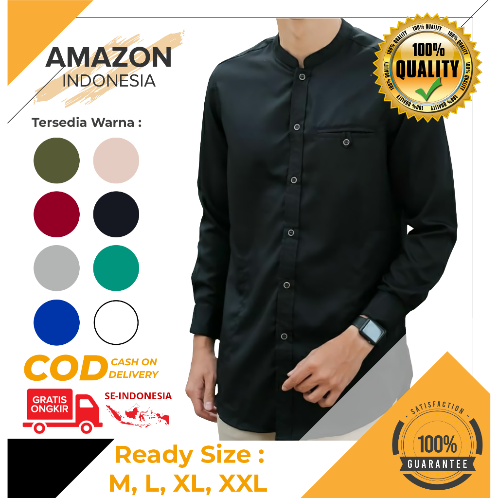 Baju Koko Kurta Dewasa Lengan Panjang Warna Hitam Material Catton Toyobo Adem Serap Keringat