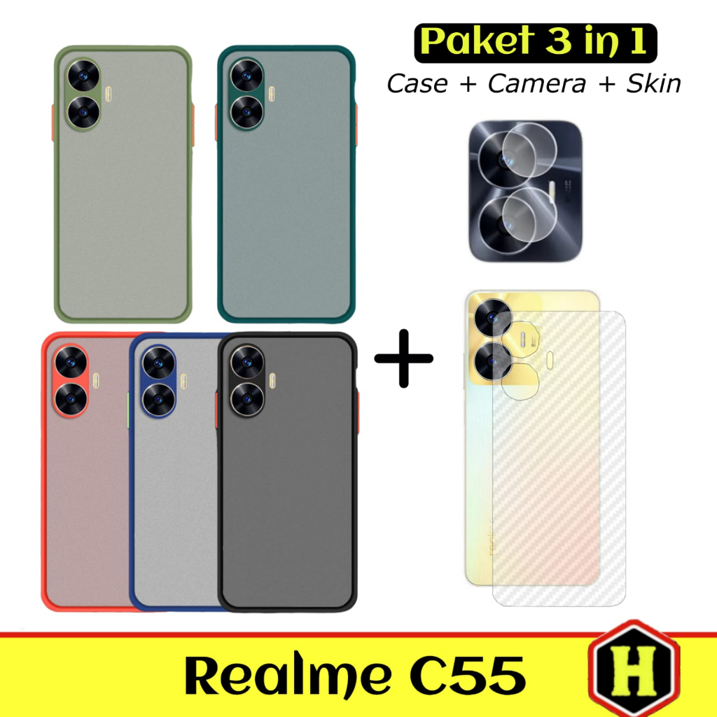 PROMO Paket 3IN1 Case Aero For REALME C55 Softcase Aero Carbon Free Tempered Glass Camera &amp; Garskin - FIDS STOR