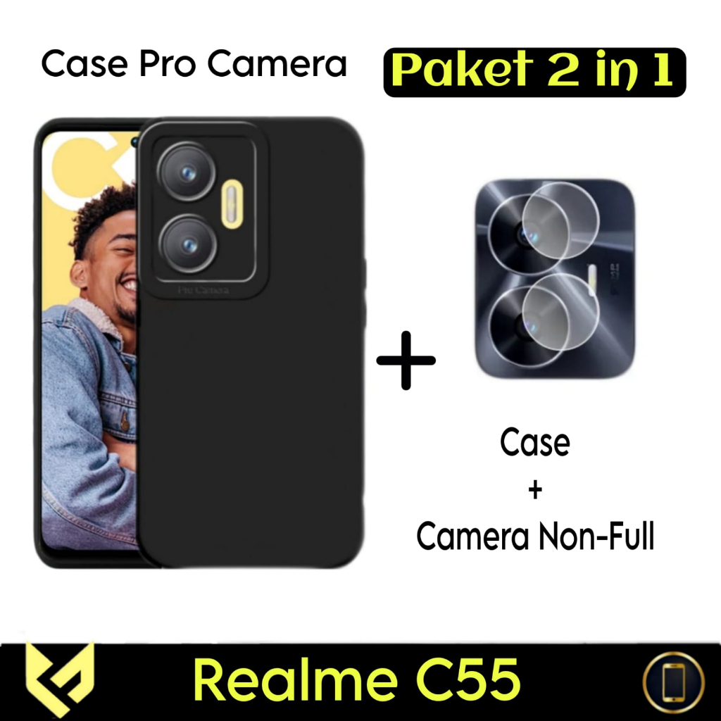 PROMO Paket 3IN1 Case Pro Camera Black For REALME C55 SoftCase Premium Black Free Tempered Glass Camera &amp; Garskin - FIDS STOR