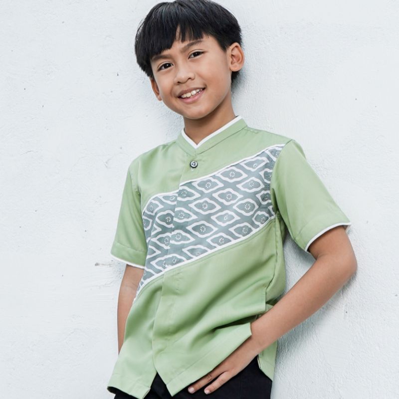 baju koko busana muslim anak laki laki al achwan hijau sage batik