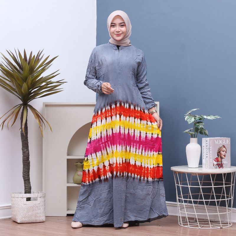 Gamis Rayon Black Tiedye Jumbo Resleting Depan Bumil Friendly Dress Wanita Kekinian Terbaru Adem