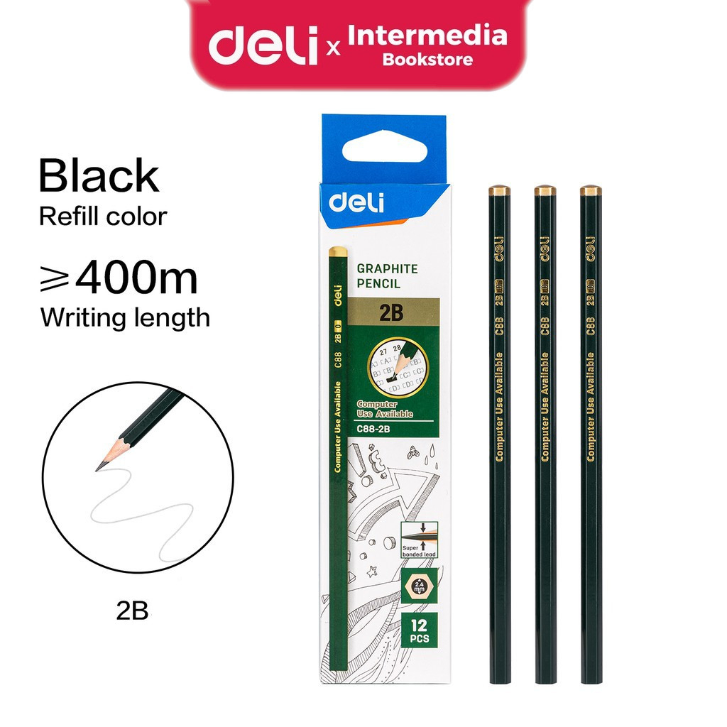 

Deli EC88 -2B Graphite Pencil / Pensil Kayu 2B Pensil Ujian Mudah Diraut isi 3pcs