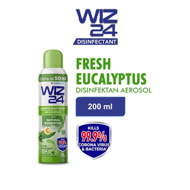 WIZ 24 Disinfectant Spray Fresh Eucalyptus 250ml - WIZ24 Natural Essential Oil Disinfektan Aerosol B