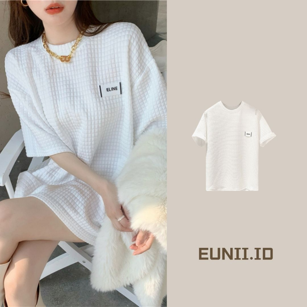 EUNII T-shirt Atasan Kaos Putih Lengan Pendek Wanita Oversize Korean Style