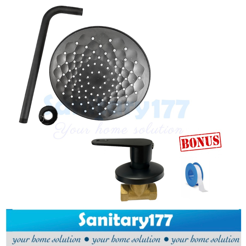 Paket bundling Shower Tembok Minimalis 9 Inch HItam WS55&amp; Kran Tanam black wall shower  kuningan fio shower mandi semprotan spray minimalis gede jumbo