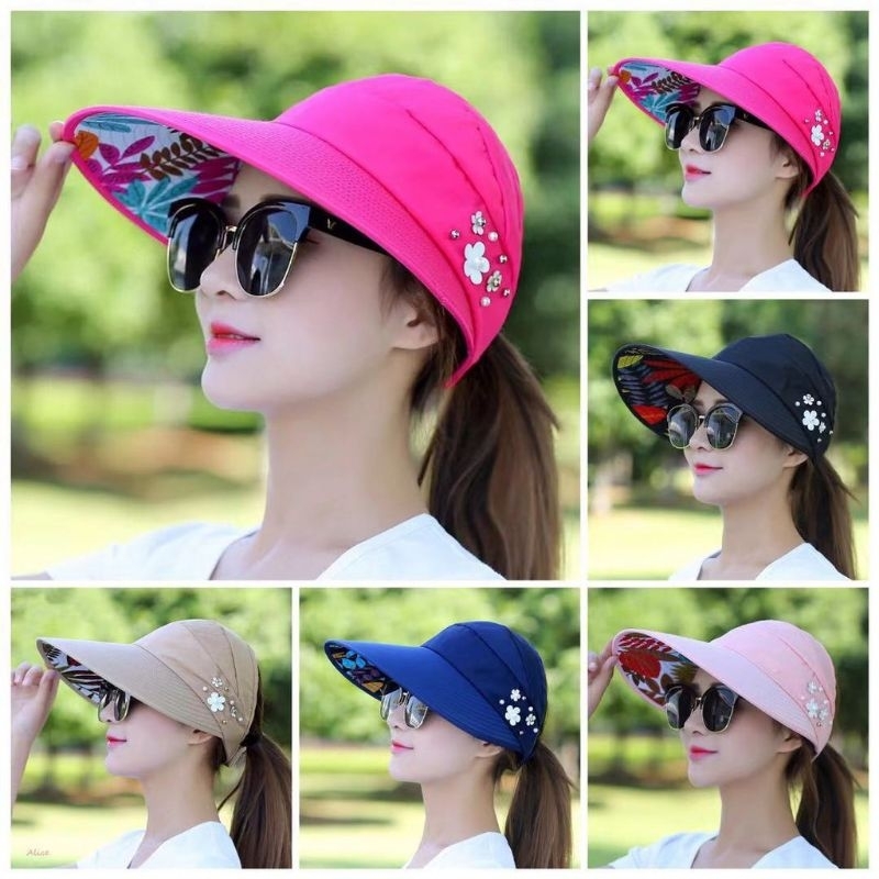 Topi Visor Lipat Wanita Casual Pelindung Sinar UV Anti UV Topi Pantai Outdoor Fashion