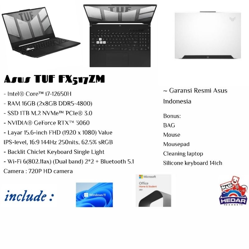ASUS TUF F15 FX507ZM 12700H 16GB 1TB Rtx3060 W11 OHS 15 FHD 144HZ