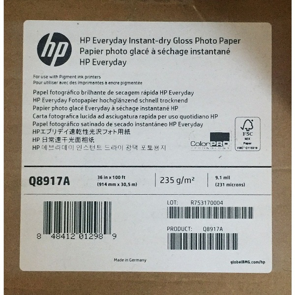 

HP Everyday Instant-dry Gloss Photo Paper Q8917A 231microns(9.1mil) 235g/m2 914mm x 30,5m
