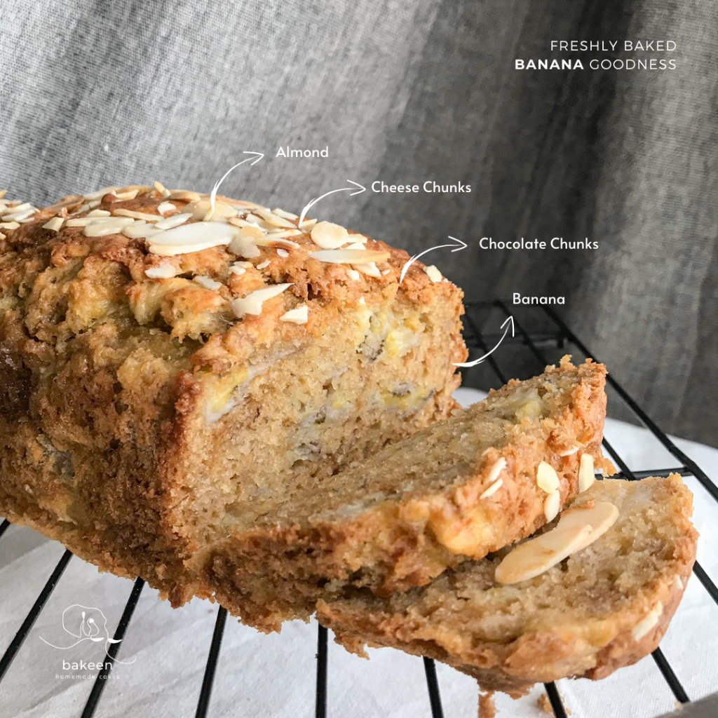 

Banana Bread | Roti Pisang | FULL LOAF 21x11 with Almond, Choco & Cheese Chunks | READ DESCRIPTION