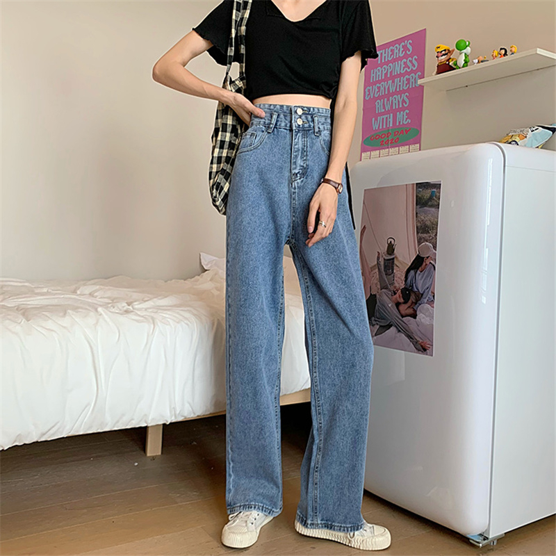 EUNII Celana panjang wanita Loose Celana Jeans Wanita High Waist Straight Jeans Biru Pants Korean Style