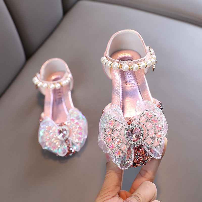 S777 Sepatu pesta anak perempuan import HITAM GOLD SILVER / party shoes pita bling bling manik mewah