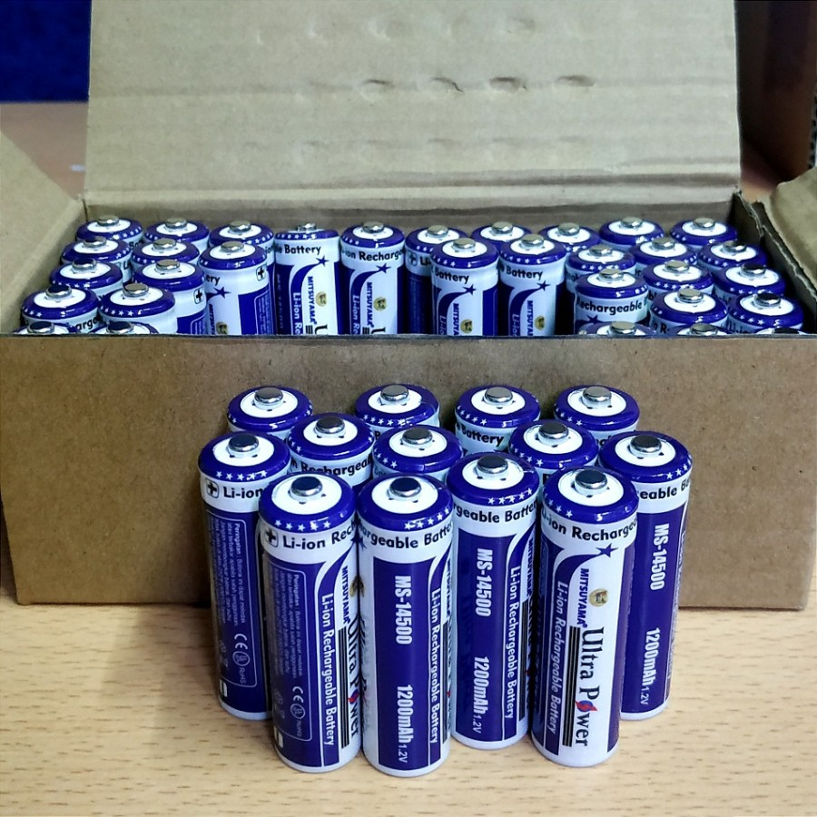 Barangunik2021 -Baterai Rechargeable AA 1200mAh Mitsuyama MS-14500/Baterai Li-ion Mitsuyama A2 1.2V dan  3.7V isi Ulang MS-14500/1200mAh