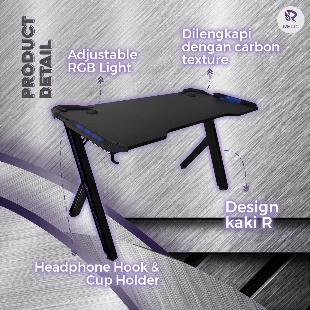 Meja Gaming Relic Carbon Texture RGB Light Cupholder Desk Uk 120x60x73 Furniture Perlengkapan Rumah Termurah Premium