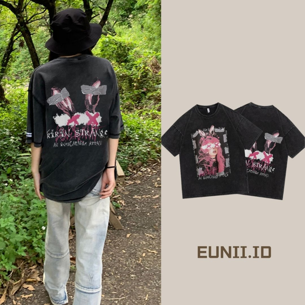 EUNII T-shirt Lengan Pendek Black Washed Retro Pink Bunny Printing Korean Style/Kaos Atasan Wanita/Baju Wanita/Kaos Wanita