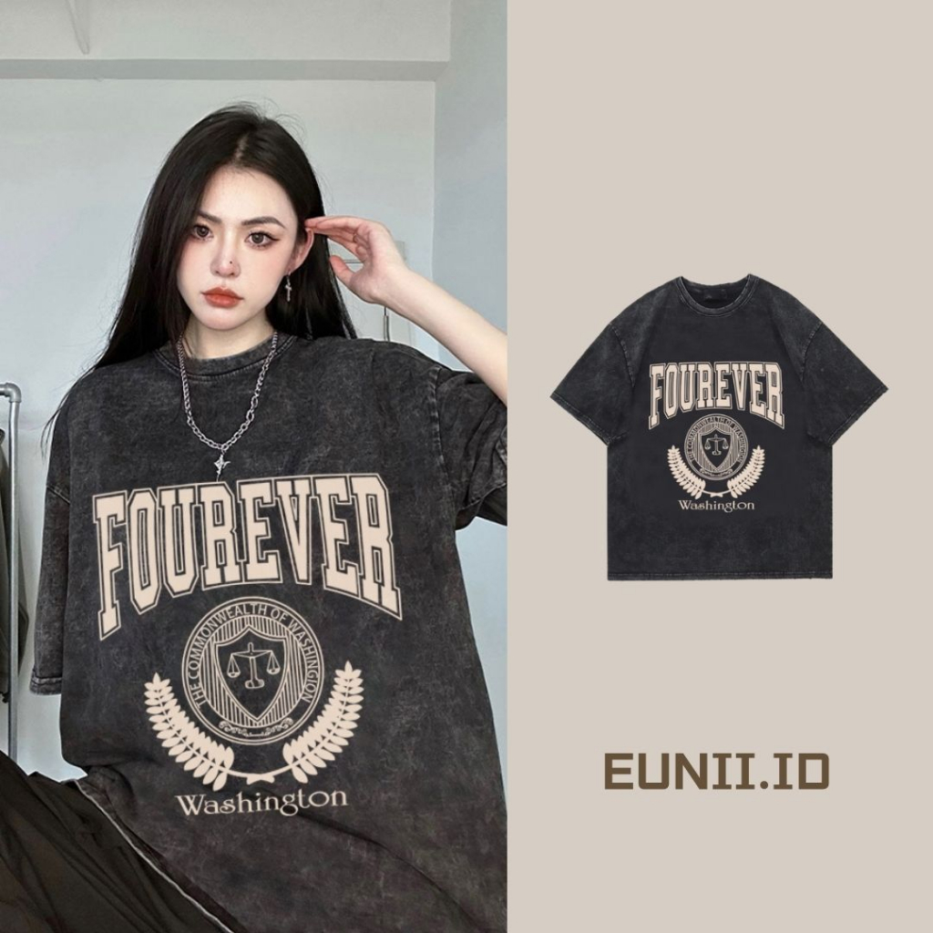 EUNII T-shirt Lengan Pendek Black Washed Vintage Libra Printing Korean Style/Kaos Atasan Wanita/Baju Wanita/Kaos Wanita