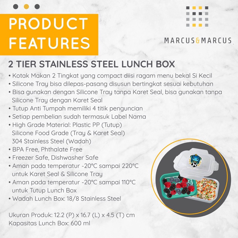 Marcus &amp; Marcus 2 Tier Stainless Steel Lunch Box Kotak Bekal Kotak Makan Anak