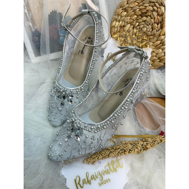 sepatu wedding wanita zanessa silver tali 5cm kaca