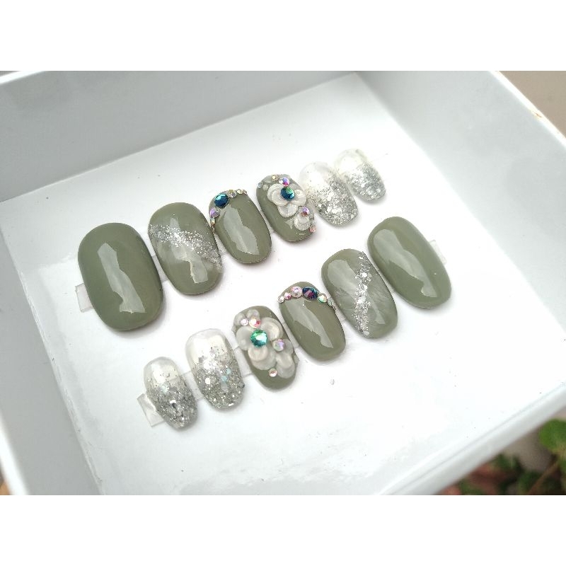 KUKU PALSU WEDDING, KUKU PALSU LAMARAN, KUKU PALSU 3D, KUKU PALSU PREMIUM, FAKE NAIL, NAIL ART, Press On Nails hijau sage