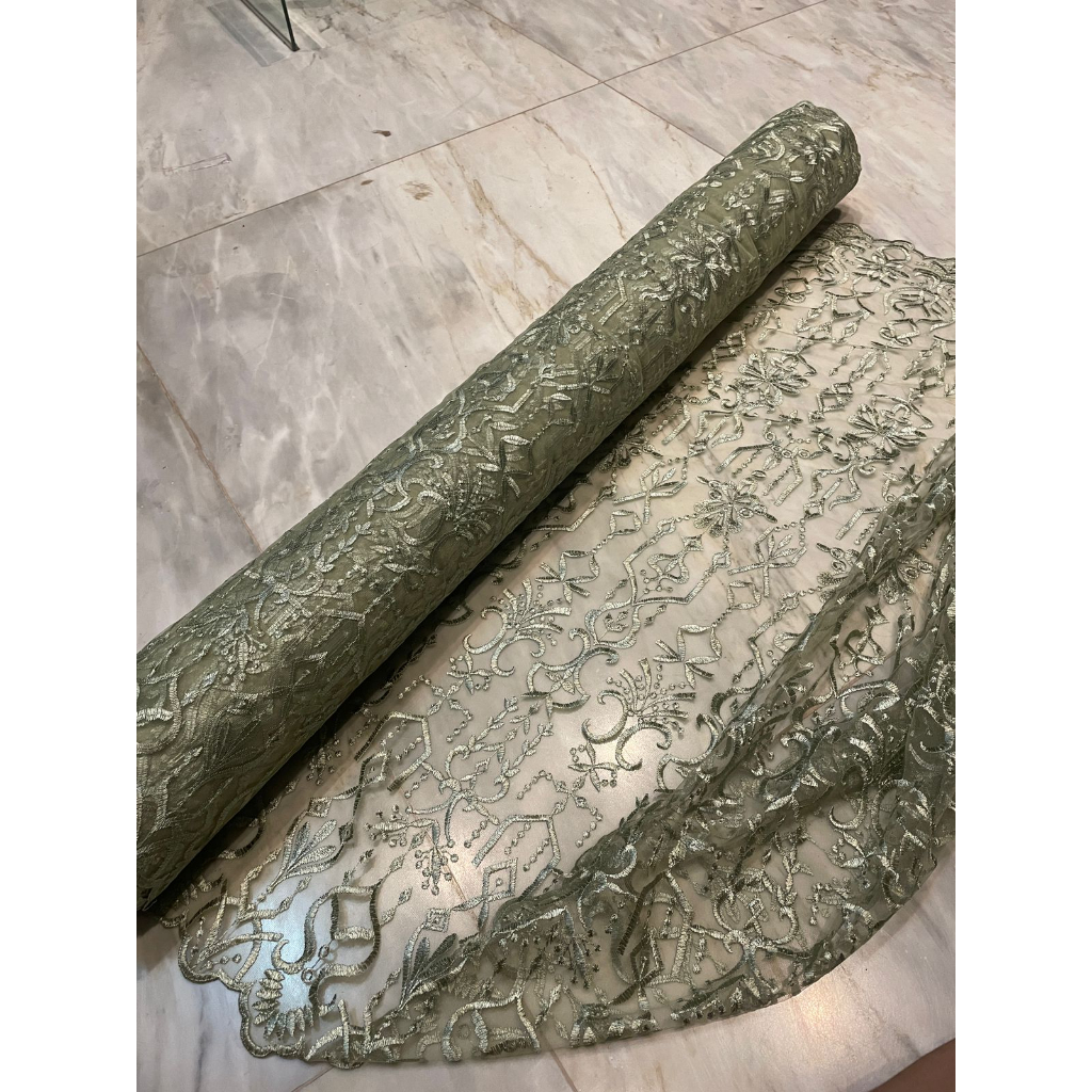 1/2 meter Kain Bahan Kebaya Brokat Brukat Tile Etnik Madeline New Series Warna Sage Green