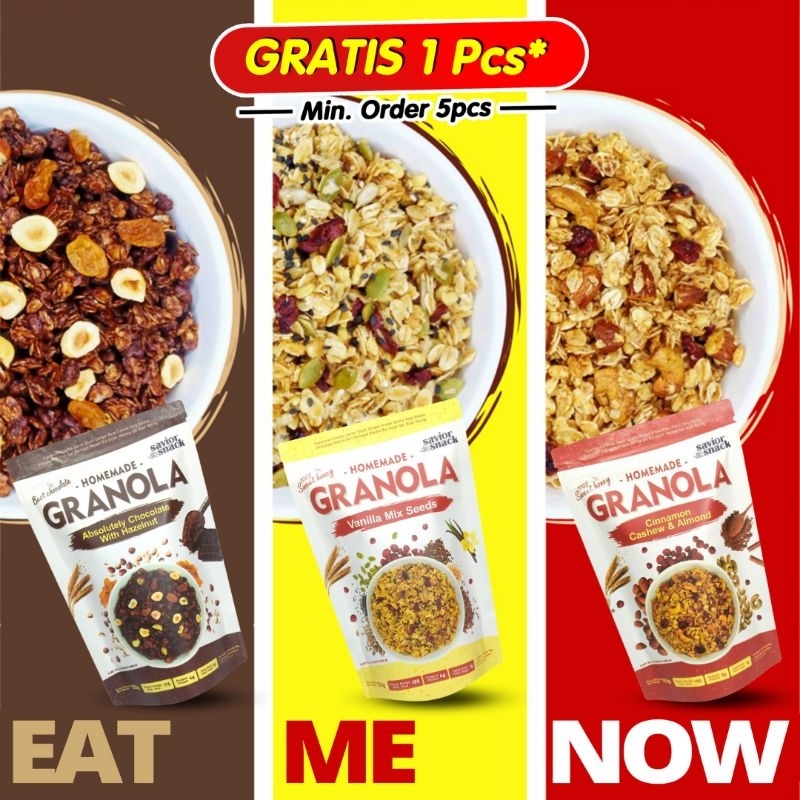 SAVIOR SNACK GRANOLA 3 VARIAN RASA CRUNCHY ABSOLUTELY CHOCOLATE WITH HAZELNUT - CRUNCHY CINNAMON CASHEW ALMOND - VANILA MIX SEEDS - SEREAL MAKANAN SEHAT SARAPAN PRAKTIS BERGIZI TINGGI NUTRISI BAHAN ORGANIK TANPA GULA DAN GARAM