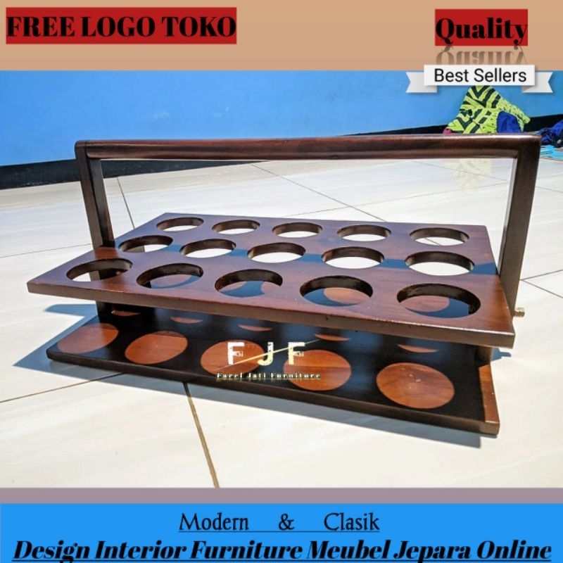 Tempat Aqua Gelas Rak Minicup Aqua Isi 15 Minimalis Kayu Jati