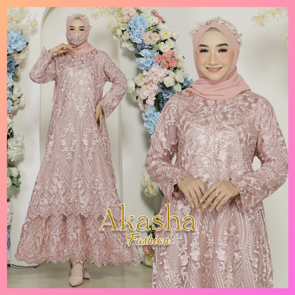 (Free Hijab) Gamis Brukat Malaysia - Gamis Brokat Tile - Dress Pesta Modern