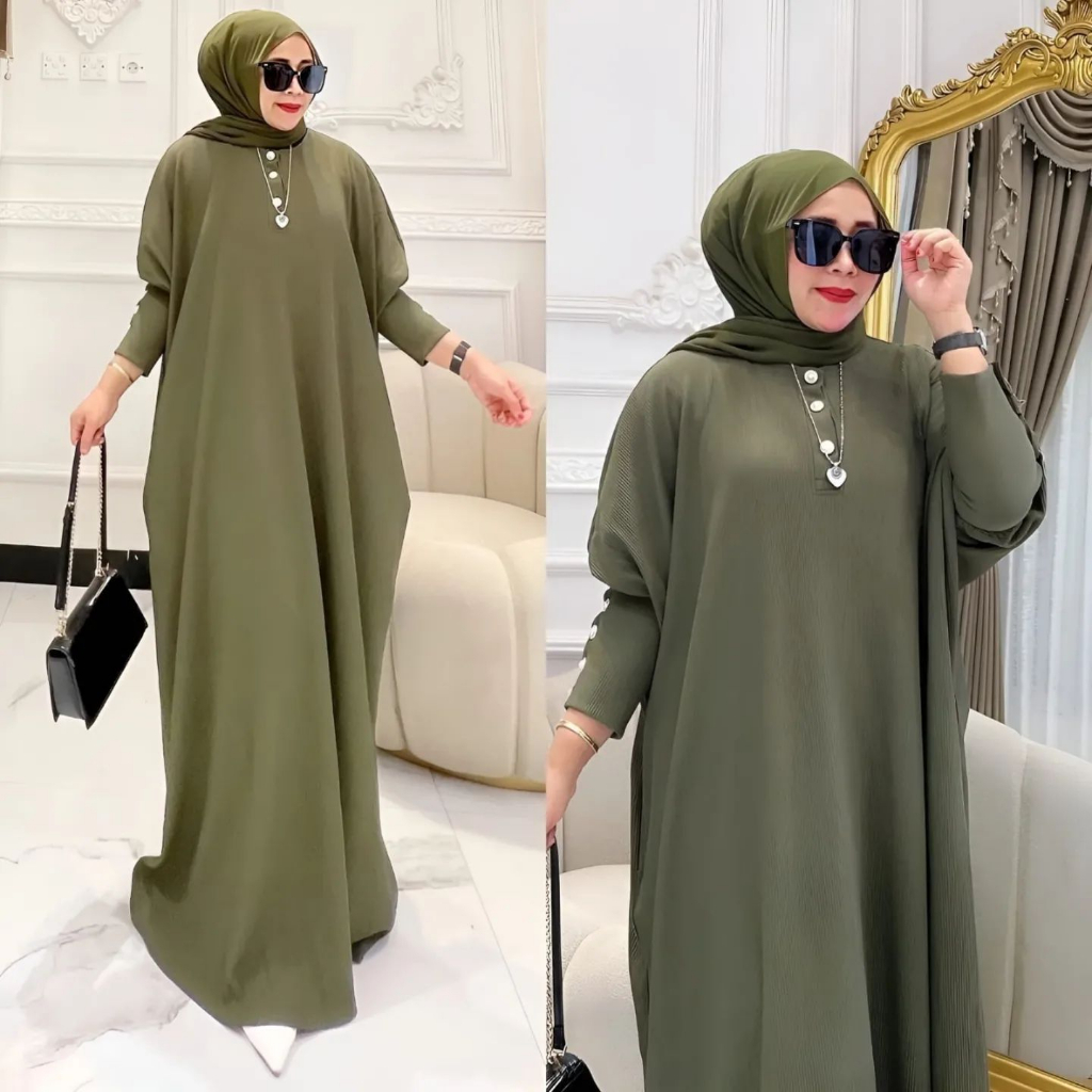 Baju Dress Kaftan Bahan Crinkle Airflow Terbaru 2023 Free Bross / Fashion Wanita Muslim Kekinian  Ba