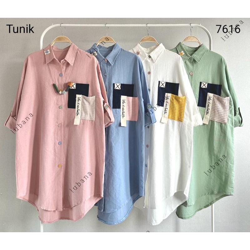 Tunik Kemeja Katun Linen Import Polos Kantong Depan Rajut LuBaNa#7616