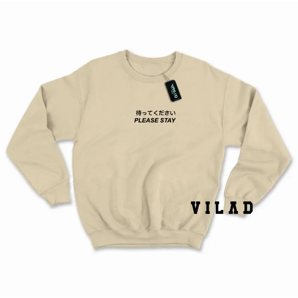 VASPLY Sweater Crewneck Pria Wanita Oversize Please Stay Tulisan Jepang Bahan Fleece Tebal Premium Distro