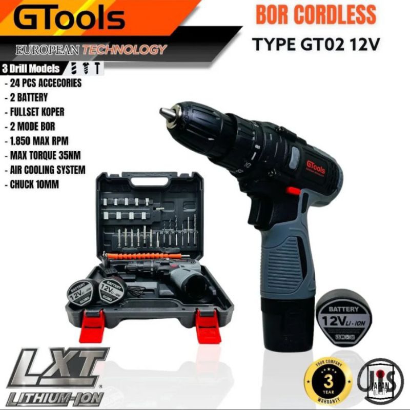 bor cordless 12v GTOOLS  GT02 mesin bor drilk tembok besi kayu sekrup full set