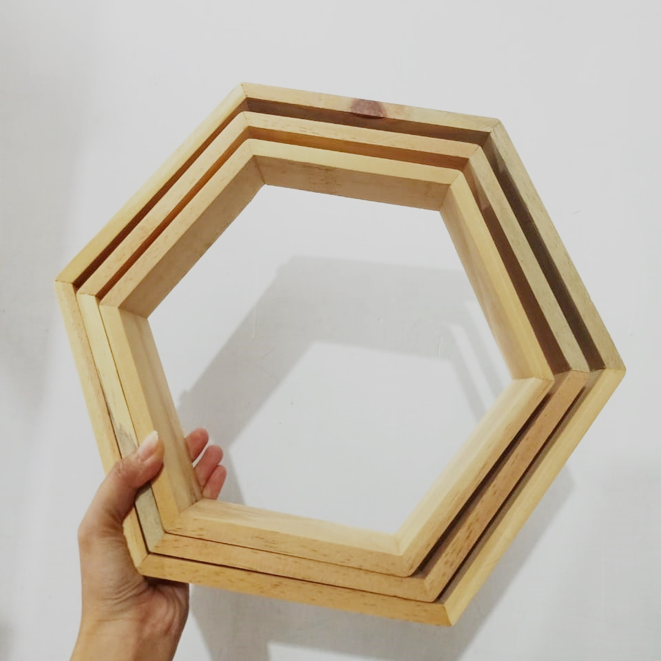 U0311 Rak Kayu Hexagonal Hiasan Dinding Dekorasi Rumah Minimalis 28cm 32cm 36cm