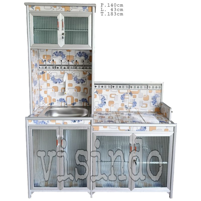 lemari dapur 3in1 wastafel cuci piring/rak kompor/rak piring aluminium 140 cm