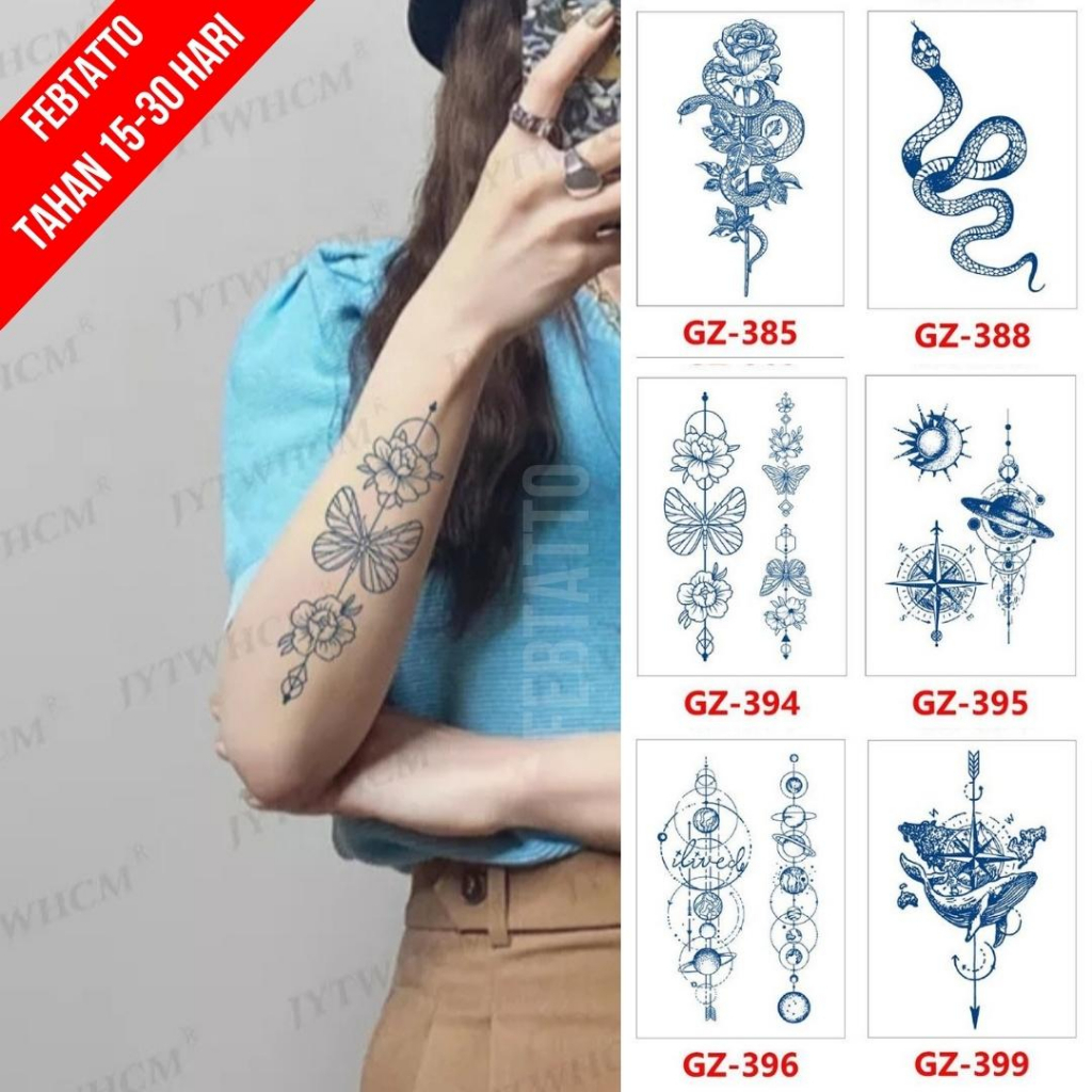 FRUIT INK Tato Semi Pemanent Tahan 1 Bulan Ukuran 11cmx18cmTato Lengan Tato Dada Tato tangan Tato Kaki Tato Punggung Tato Jari  Motif Aesthetic Tatto Temporary Stiker Tato Halal Grosir Tato air motif bung, ular, kupu kupu, kompas, planet GZ 394
