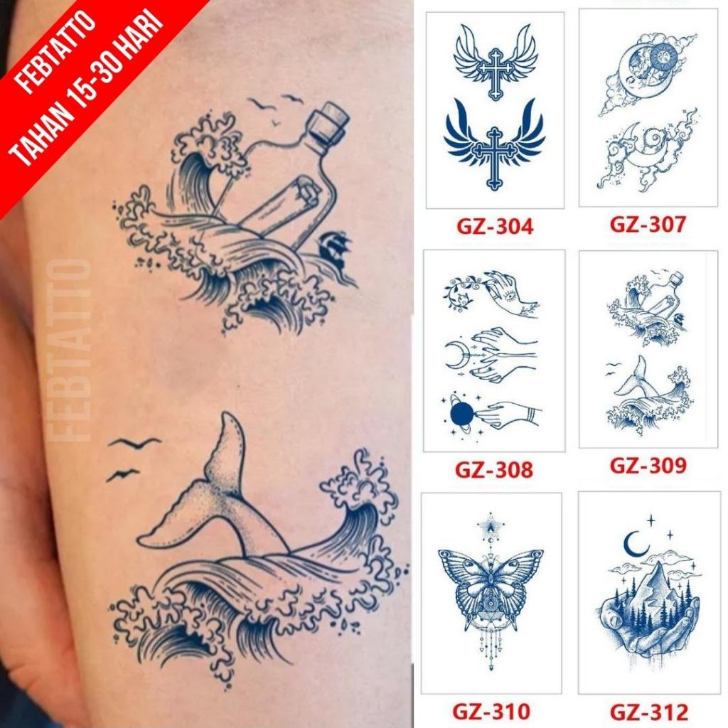 FRUIT INK Tato Semi Pemanent Tahan 1 Bulan Ukuran 11cmx18cmTato Lengan Tato Dada Tato tangan Tato Kaki Tato Punggung Tato Jari  Motif Aesthetic Tatto Temporary Stiker Tato Halal Grosir Tato air motif salib, bulan, tangan, ikan, kupu kupu, gunung GZ 309